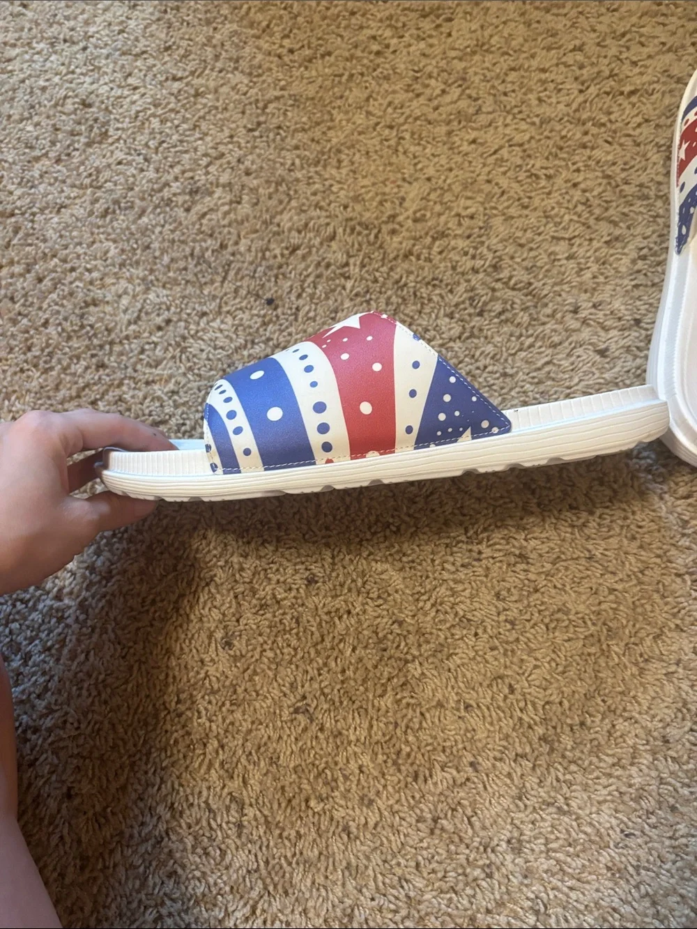 Mens White Slide Sandals with Red & Blue Stars